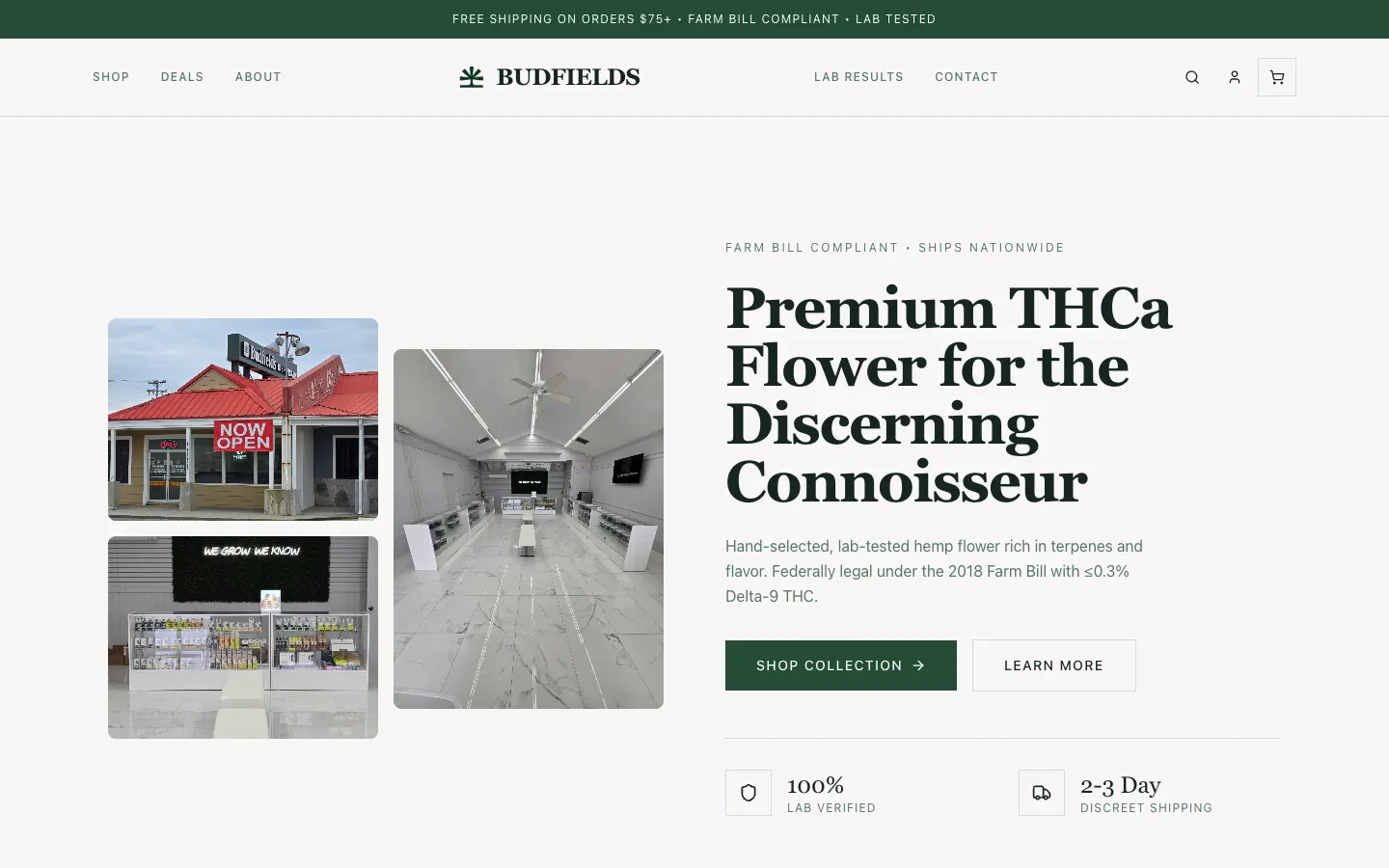 The BudFields homepage at budfields.us, with photos of its retail store and the headline Premium THCa Flower for the Discerning Connoisseur.