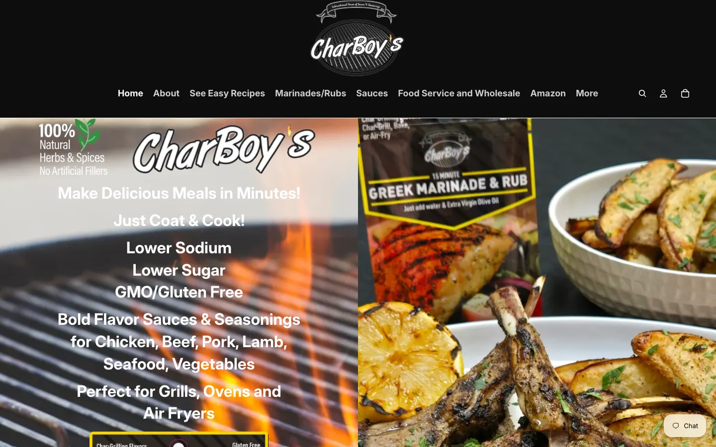 The CharBoy's homepage at charboys.com, showing the CharBoy's logo, the main navigation and a hero for its sauces and seasonings beside a grilled lamb dish.
